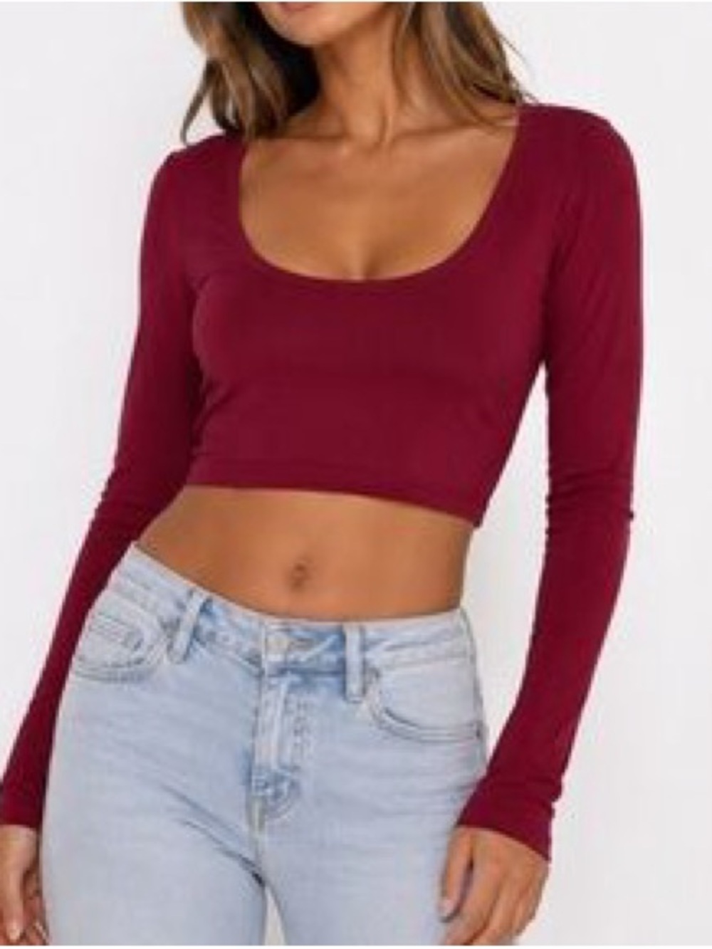 NWOT Naked Wardrobe Red Scoopneck Long Sleeve Crop Top